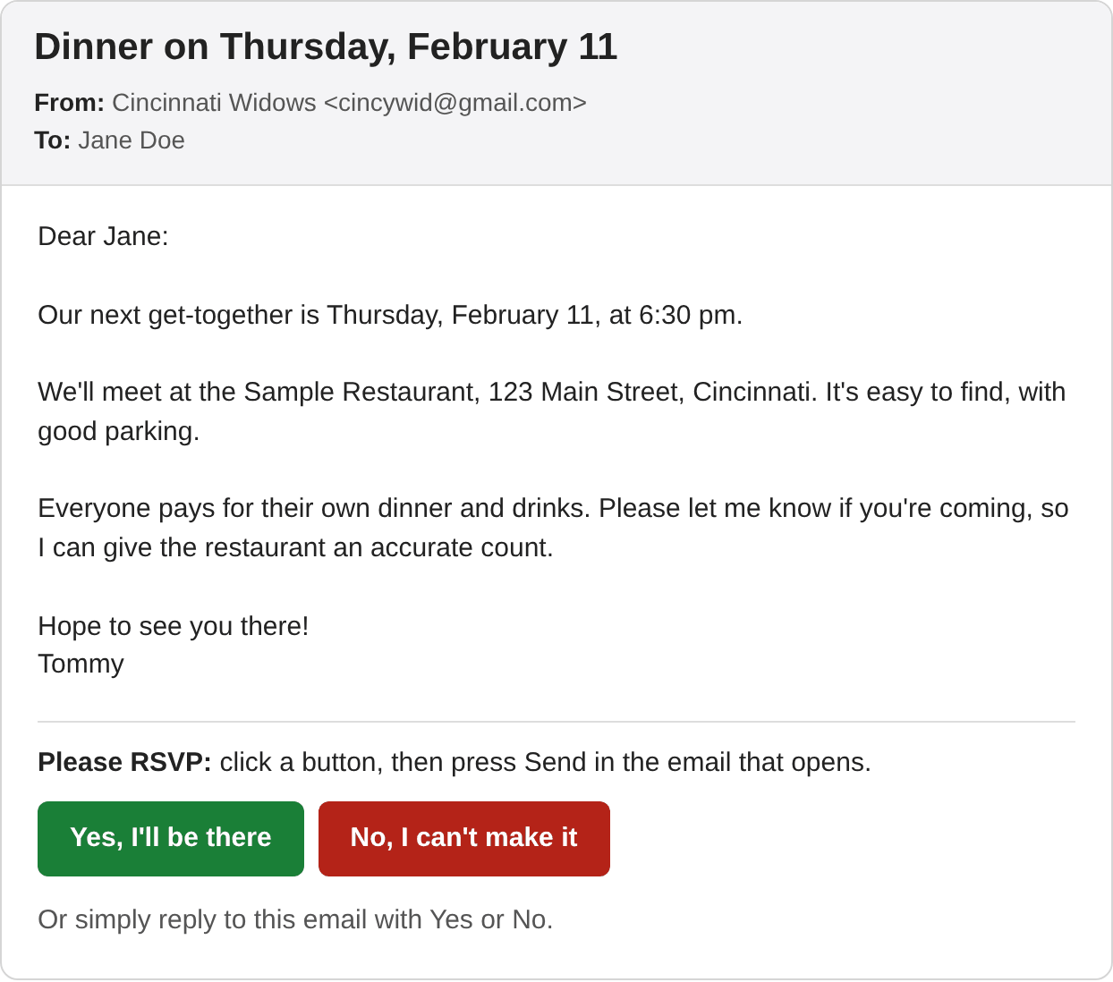 Sample dinner invitation email from Cincinnati Widows, with a green button that says Yes, I'll be there, and a red button that says No, I can't make it.
